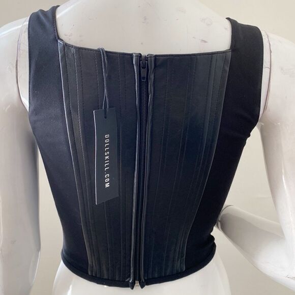 Dolls Kill Brand Generation Kiss Black Vegan Faux Leather Corset Bustier Top - Picture 2 of 7
